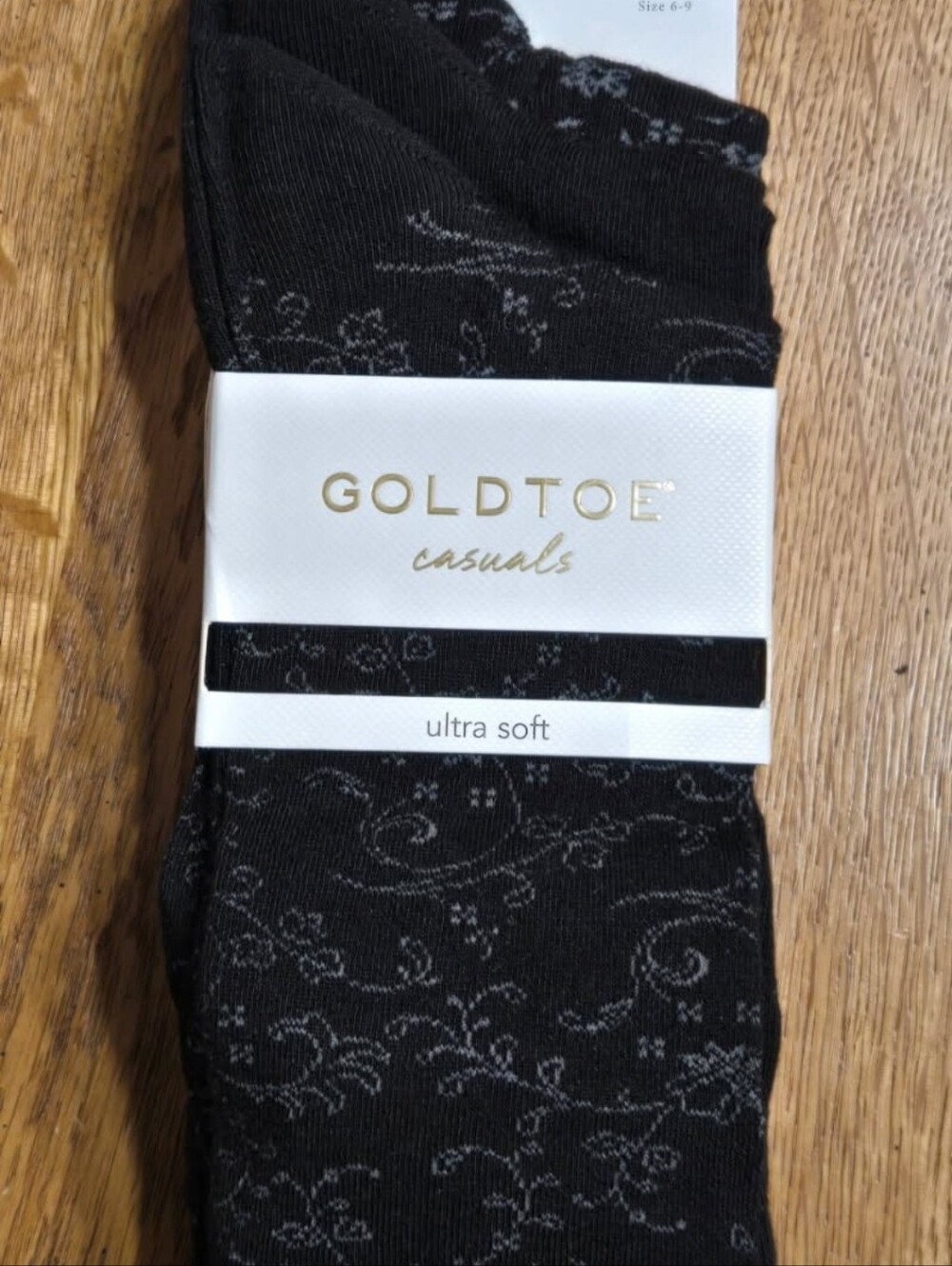 Gold Toe Black Trouser Socks with Gray Floral Pattern, Ultra Soft